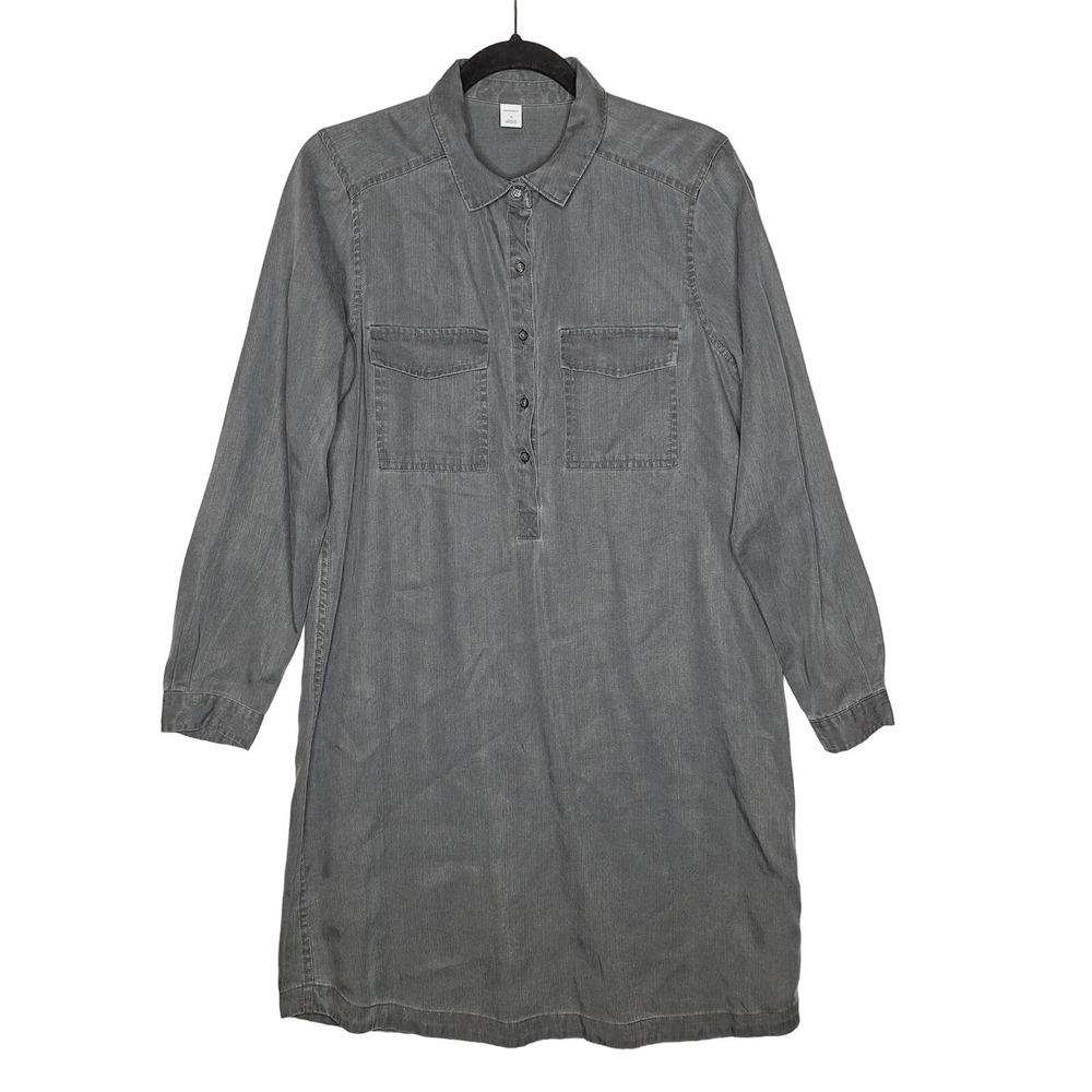Old Navy Tencel Shirtdress Black Jack Grey Long Sleeve Medium Tunic Lyocell NEW